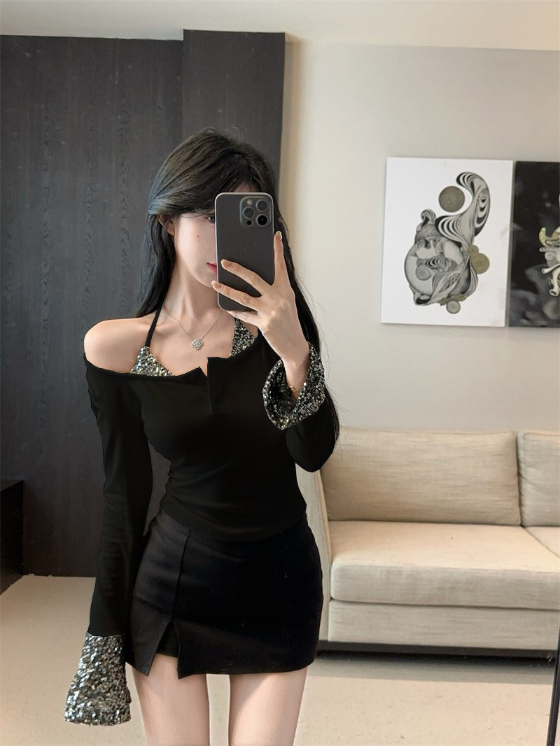 Luxurious Square Neck Long Sleeve Mini Skirt Bling Sequins Trim Bodycon Black Short Dress AP3819