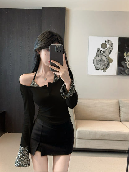 Luxurious Square Neck Long Sleeve Mini Skirt Bling Sequins Trim Bodycon Black Short Dress AP3819