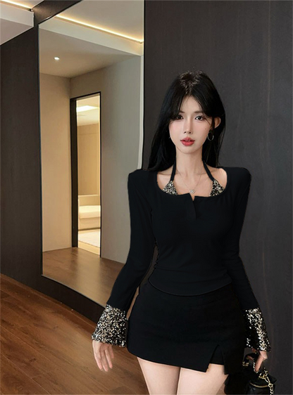 Luxurious Square Neck Long Sleeve Mini Skirt Bling Sequins Trim Bodycon Black Short Dress AP3819