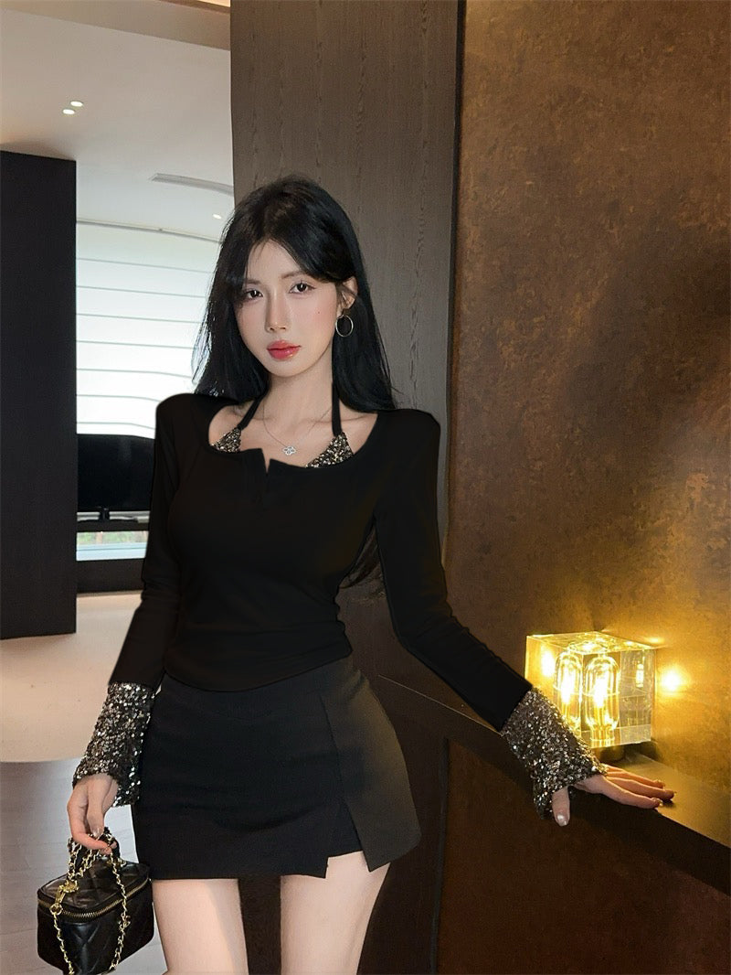 Luxurious Square Neck Long Sleeve Mini Skirt Bling Sequins Trim Bodycon Black Short Dress AP3819