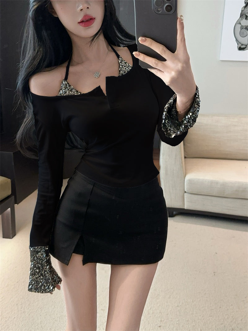 Luxurious Square Neck Long Sleeve Mini Skirt Bling Sequins Trim Bodycon Black Short Dress AP3819