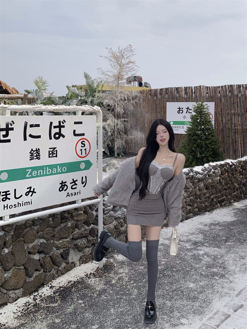 Luxury Lace Trim Spaghetti Strap Mini Skirt Casual Bodycon Grey Short Dress AP3820