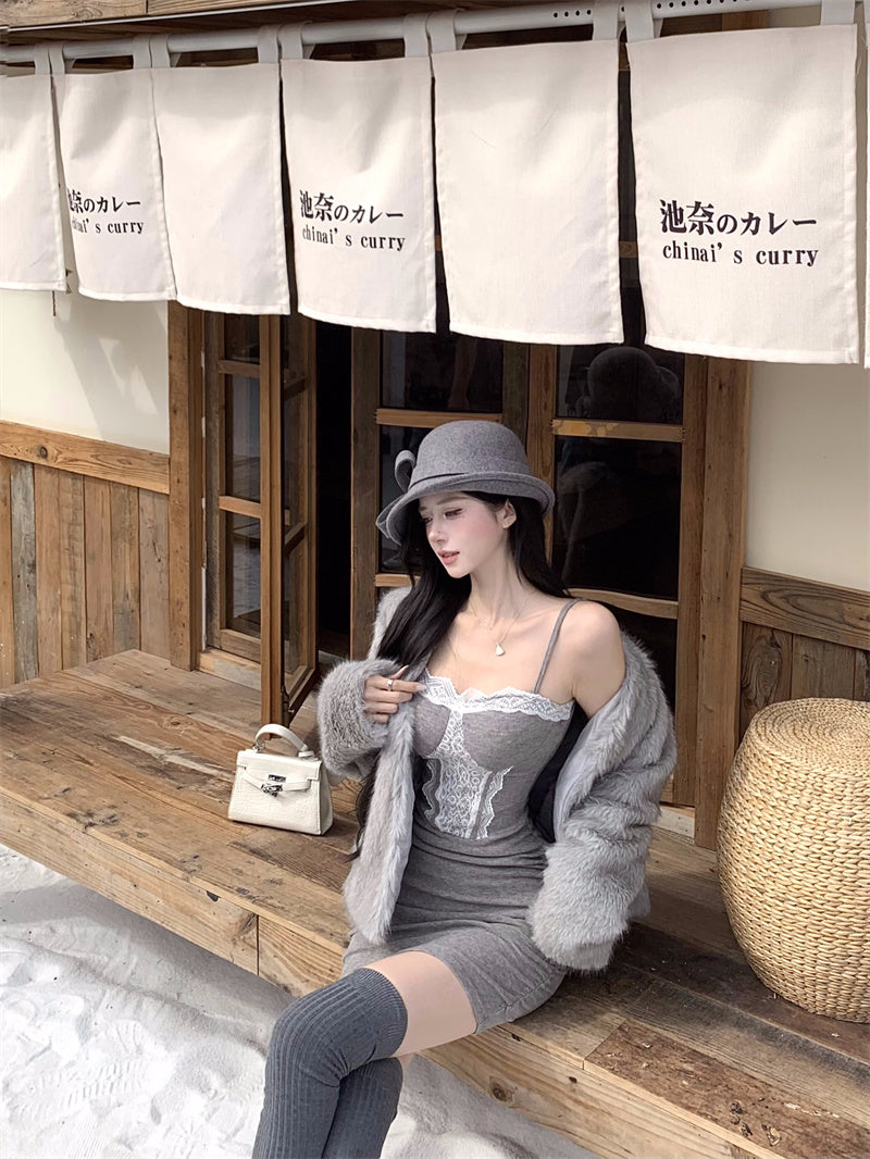 Luxury Lace Trim Spaghetti Strap Mini Skirt Casual Bodycon Grey Short Dress AP3820