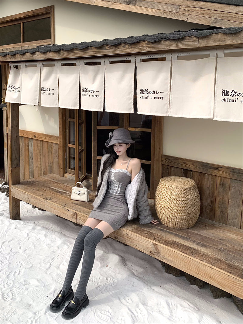 Luxury Lace Trim Spaghetti Strap Mini Skirt Casual Bodycon Grey Short Dress AP3820