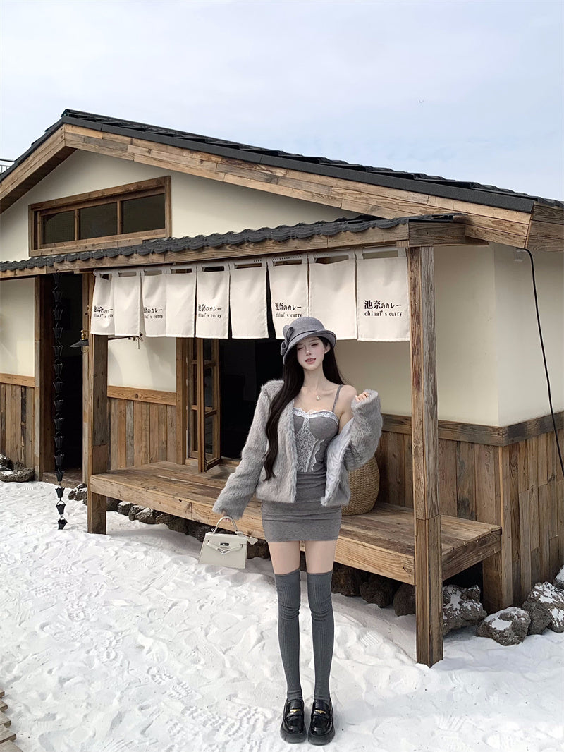 Luxury Lace Trim Spaghetti Strap Mini Skirt Casual Bodycon Grey Short Dress AP3820