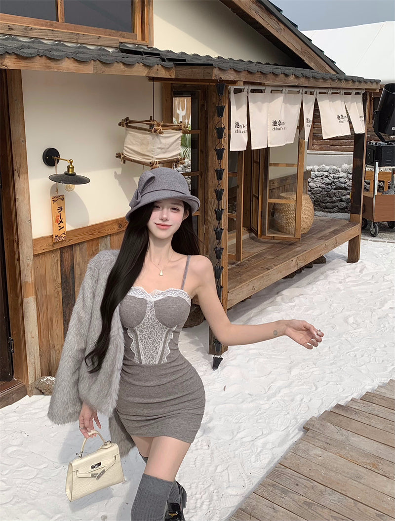 Luxury Lace Trim Spaghetti Strap Mini Skirt Casual Bodycon Grey Short Dress AP3820