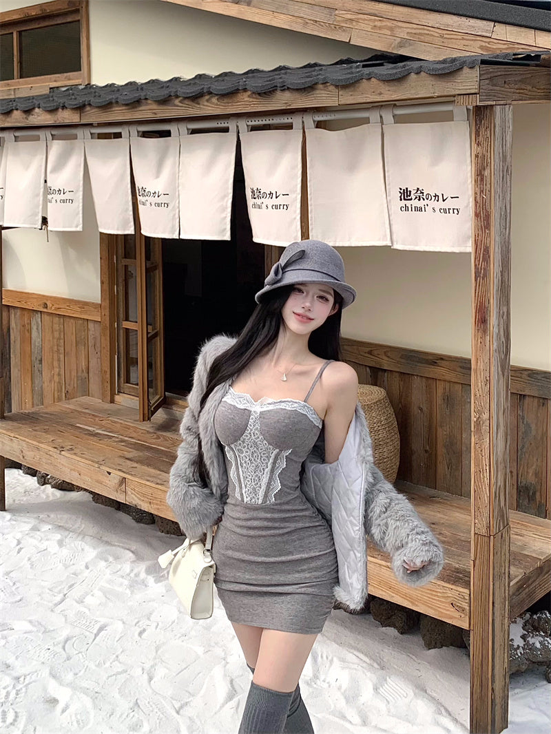 Luxury Lace Trim Spaghetti Strap Mini Skirt Casual Bodycon Grey Short Dress AP3820