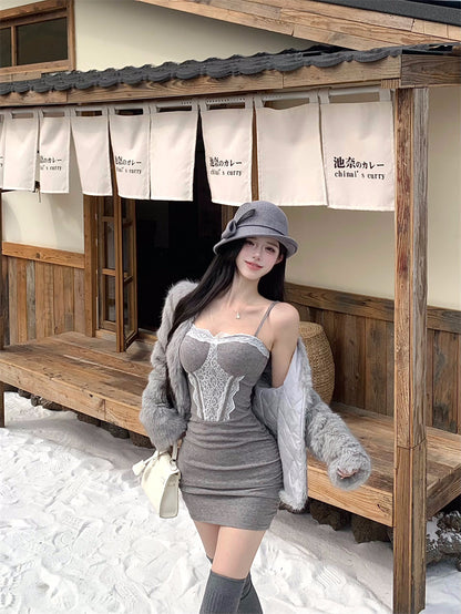 Luxury Lace Trim Spaghetti Strap Mini Skirt Casual Bodycon Grey Short Dress AP3820