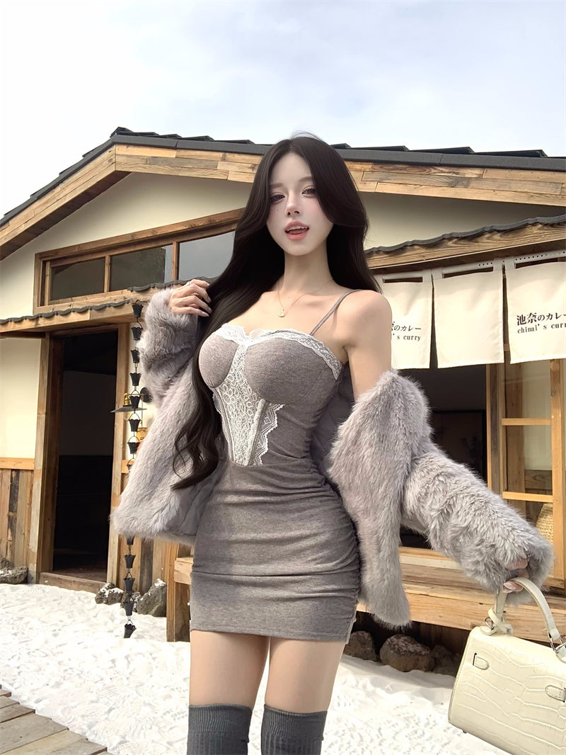 Luxury Lace Trim Spaghetti Strap Mini Skirt Casual Bodycon Grey Short Dress AP3820