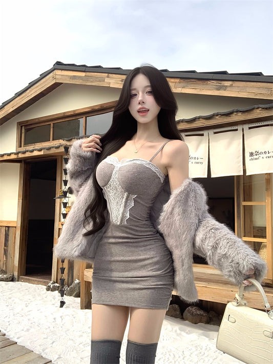 Luxury Lace Trim Spaghetti Strap Mini Skirt Casual Bodycon Grey Short Dress AP3820