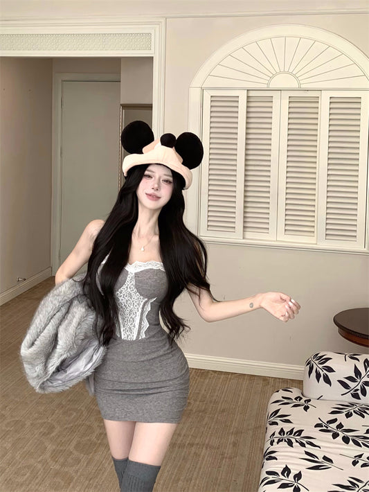 Luxury Lace Trim Spaghetti Strap Mini Skirt Casual Bodycon Grey Short Dress AP3820