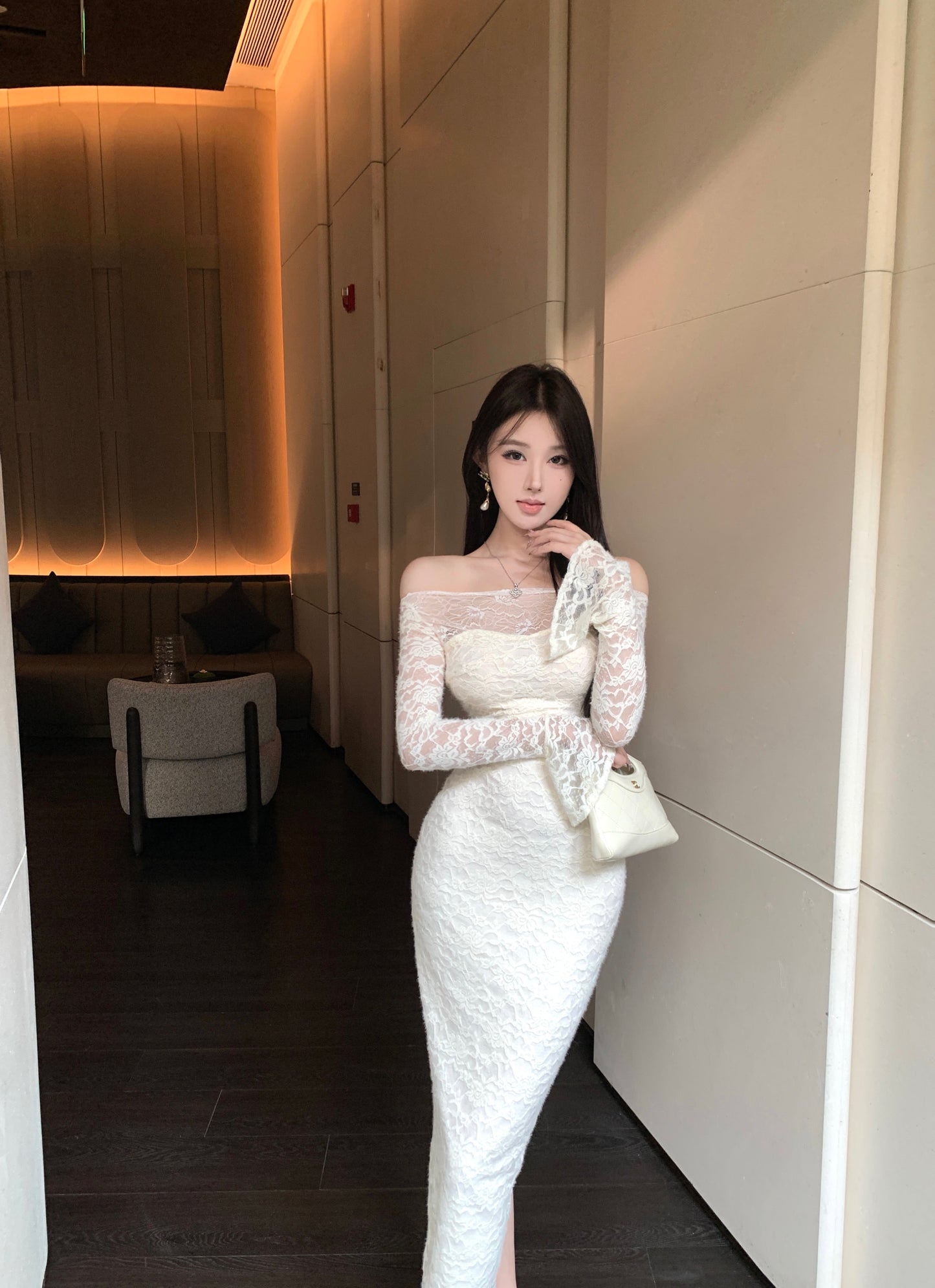 Graceful Long Sleeve Lace Splicing Evening Maxi Dress Fairy Off Shoulder Sheath Slit Long Dress AP3821