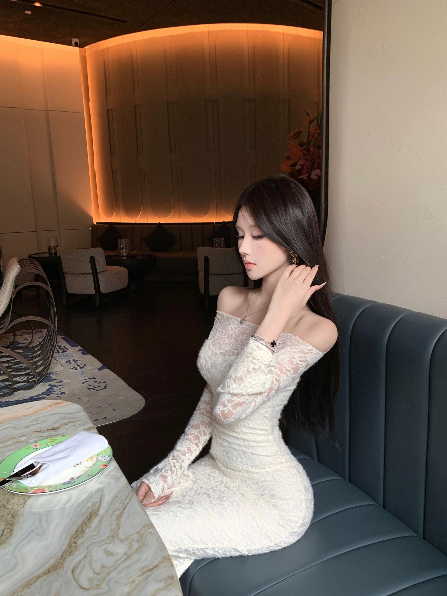 Graceful Long Sleeve Lace Splicing Evening Maxi Dress Fairy Off Shoulder Sheath Slit Long Dress AP3821