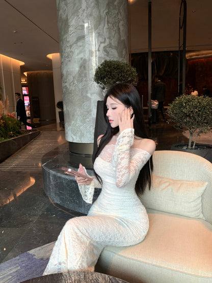 Graceful Long Sleeve Lace Splicing Evening Maxi Dress Fairy Off Shoulder Sheath Slit Long Dress AP3821