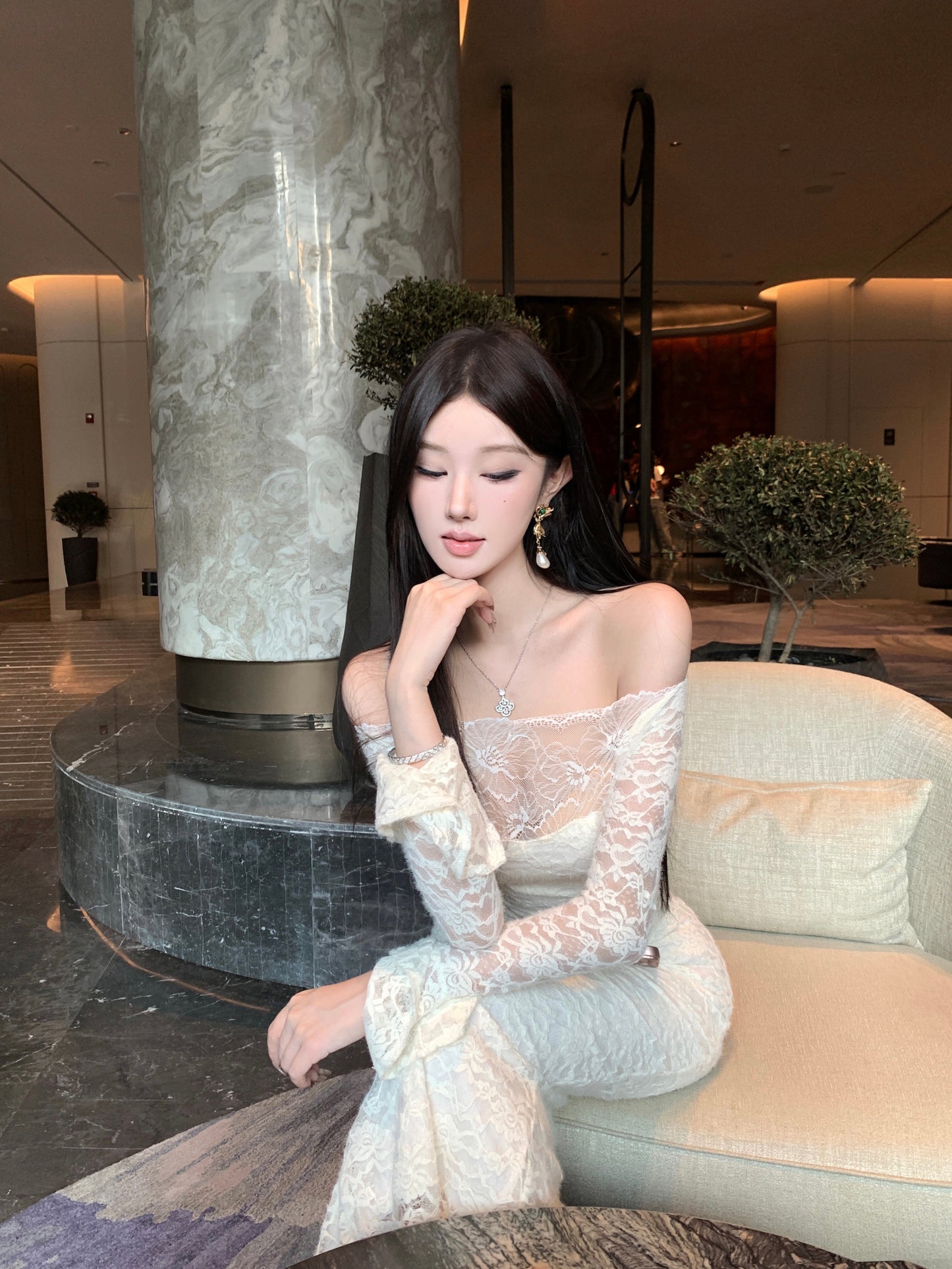 Graceful Long Sleeve Lace Splicing Evening Maxi Dress Fairy Off Shoulder Sheath Slit Long Dress AP3821