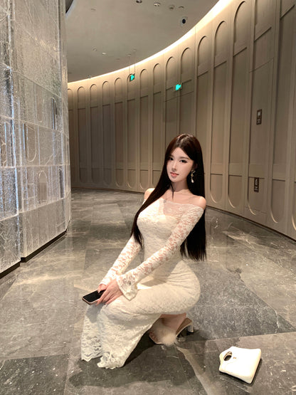 Graceful Long Sleeve Lace Splicing Evening Maxi Dress Fairy Off Shoulder Sheath Slit Long Dress AP3821