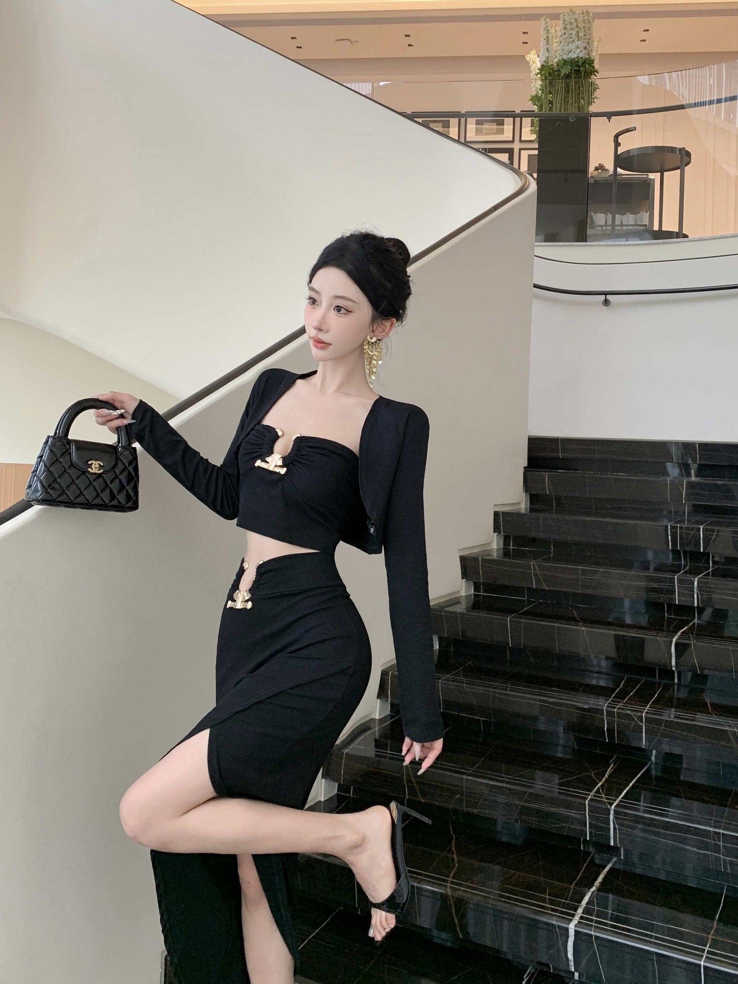 Elegant Long Sleeve Black 3-Piece Set Evening Maxi Dress Fitted Strapless Side Slit Cutout Sheath Long Dress AP3822