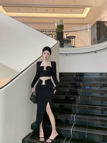 Elegant Long Sleeve Black 3-Piece Set Evening Maxi Dress Fitted Strapless Side Slit Cutout Sheath Long Dress AP3822