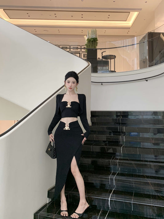 Elegant Long Sleeve Black 3-Piece Set Evening Maxi Dress Fitted Strapless Side Slit Cutout Sheath Long Dress AP3822