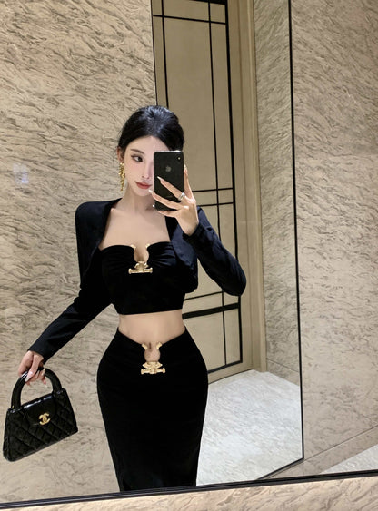 Elegant Long Sleeve Black 3-Piece Set Evening Maxi Dress Fitted Strapless Side Slit Cutout Sheath Long Dress AP3822