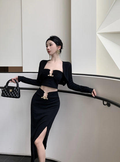 Elegant Long Sleeve Black 3-Piece Set Evening Maxi Dress Fitted Strapless Side Slit Cutout Sheath Long Dress AP3822