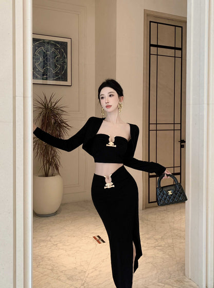 Elegant Long Sleeve Black 3-Piece Set Evening Maxi Dress Fitted Strapless Side Slit Cutout Sheath Long Dress AP3822