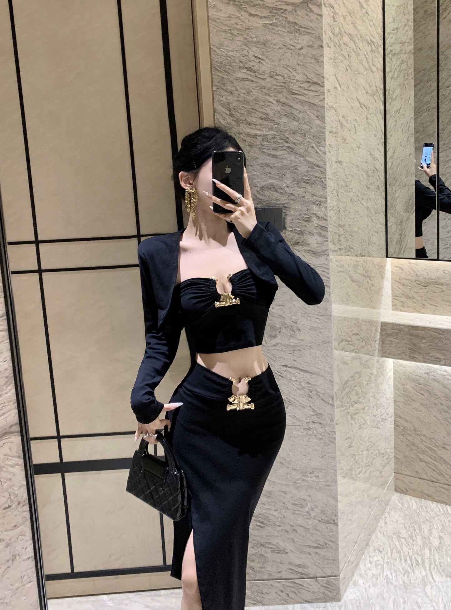 Elegant Long Sleeve Black 3-Piece Set Evening Maxi Dress Fitted Strapless Side Slit Cutout Sheath Long Dress AP3822