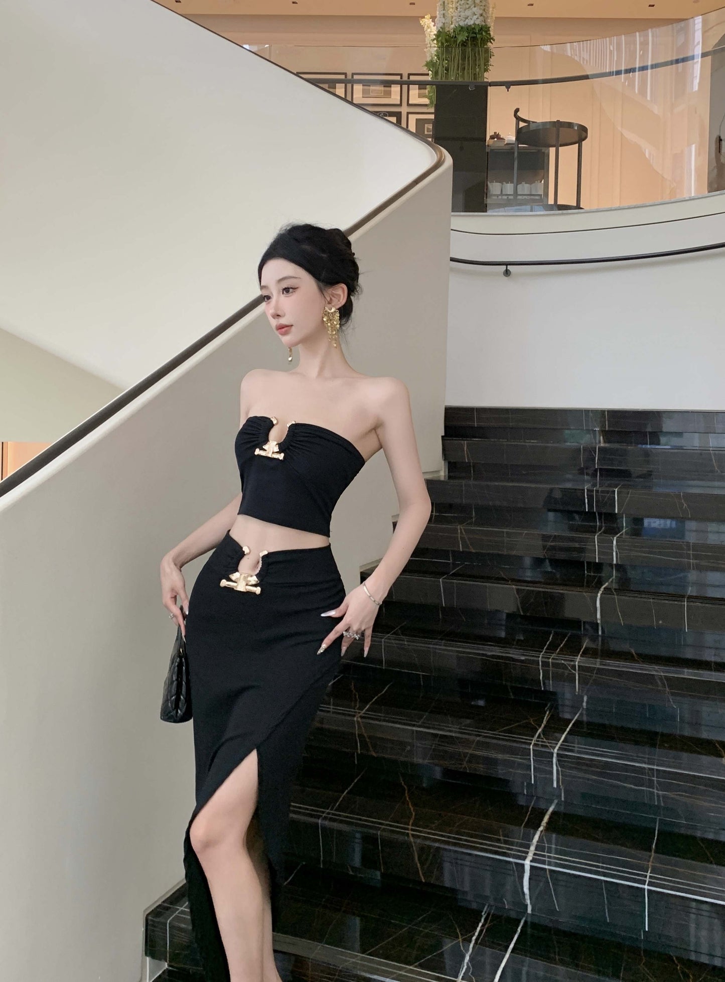 Elegant Long Sleeve Black 3-Piece Set Evening Maxi Dress Fitted Strapless Side Slit Cutout Sheath Long Dress AP3822