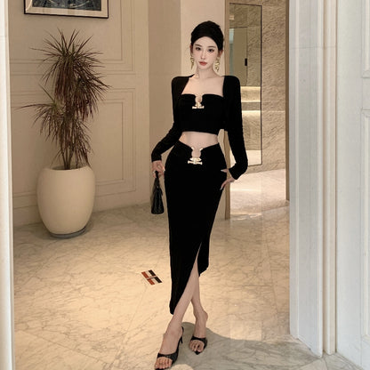 Elegant Long Sleeve Black 3-Piece Set Evening Maxi Dress Fitted Strapless Side Slit Cutout Sheath Long Dress AP3822