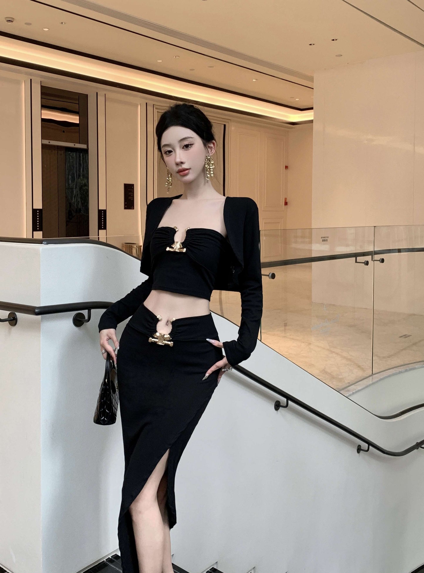 Elegant Long Sleeve Black 3-Piece Set Evening Maxi Dress Fitted Strapless Side Slit Cutout Sheath Long Dress AP3822
