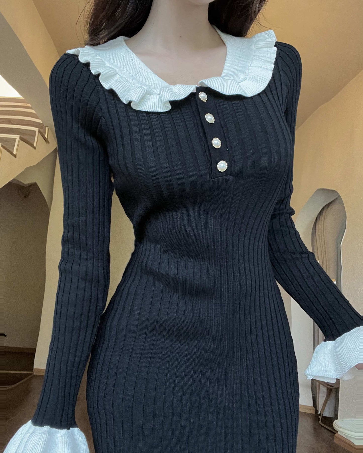 Classical Sailor Collar Knitted Long Sleeve Evening Maxi Dress Retro Sheath Ruffles Hem Long Dress AP3823