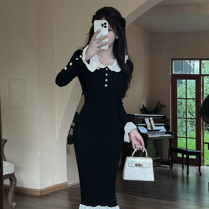 Classical Sailor Collar Knitted Long Sleeve Evening Maxi Dress Retro Sheath Ruffles Hem Long Dress AP3823