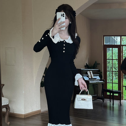 Classical Sailor Collar Knitted Long Sleeve Evening Maxi Dress Retro Sheath Ruffles Hem Long Dress AP3823