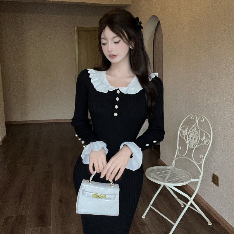 Classical Sailor Collar Knitted Long Sleeve Evening Maxi Dress Retro Sheath Ruffles Hem Long Dress AP3823