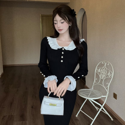 Classical Sailor Collar Knitted Long Sleeve Evening Maxi Dress Retro Sheath Ruffles Hem Long Dress AP3823