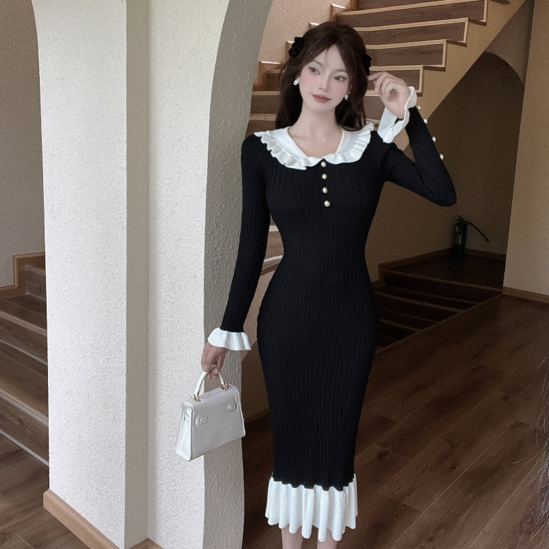 Classical Sailor Collar Knitted Long Sleeve Evening Maxi Dress Retro Sheath Ruffles Hem Long Dress AP3823