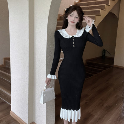 Classical Sailor Collar Knitted Long Sleeve Evening Maxi Dress Retro Sheath Ruffles Hem Long Dress AP3823