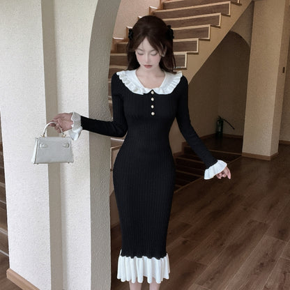 Classical Sailor Collar Knitted Long Sleeve Evening Maxi Dress Retro Sheath Ruffles Hem Long Dress AP3823