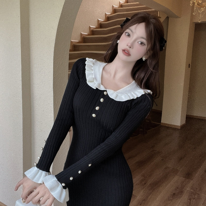 Classical Sailor Collar Knitted Long Sleeve Evening Maxi Dress Retro Sheath Ruffles Hem Long Dress AP3823
