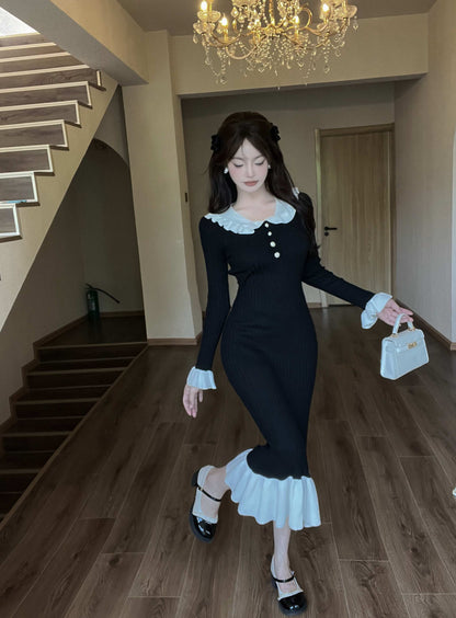 Classical Sailor Collar Knitted Long Sleeve Evening Maxi Dress Retro Sheath Ruffles Hem Long Dress AP3823