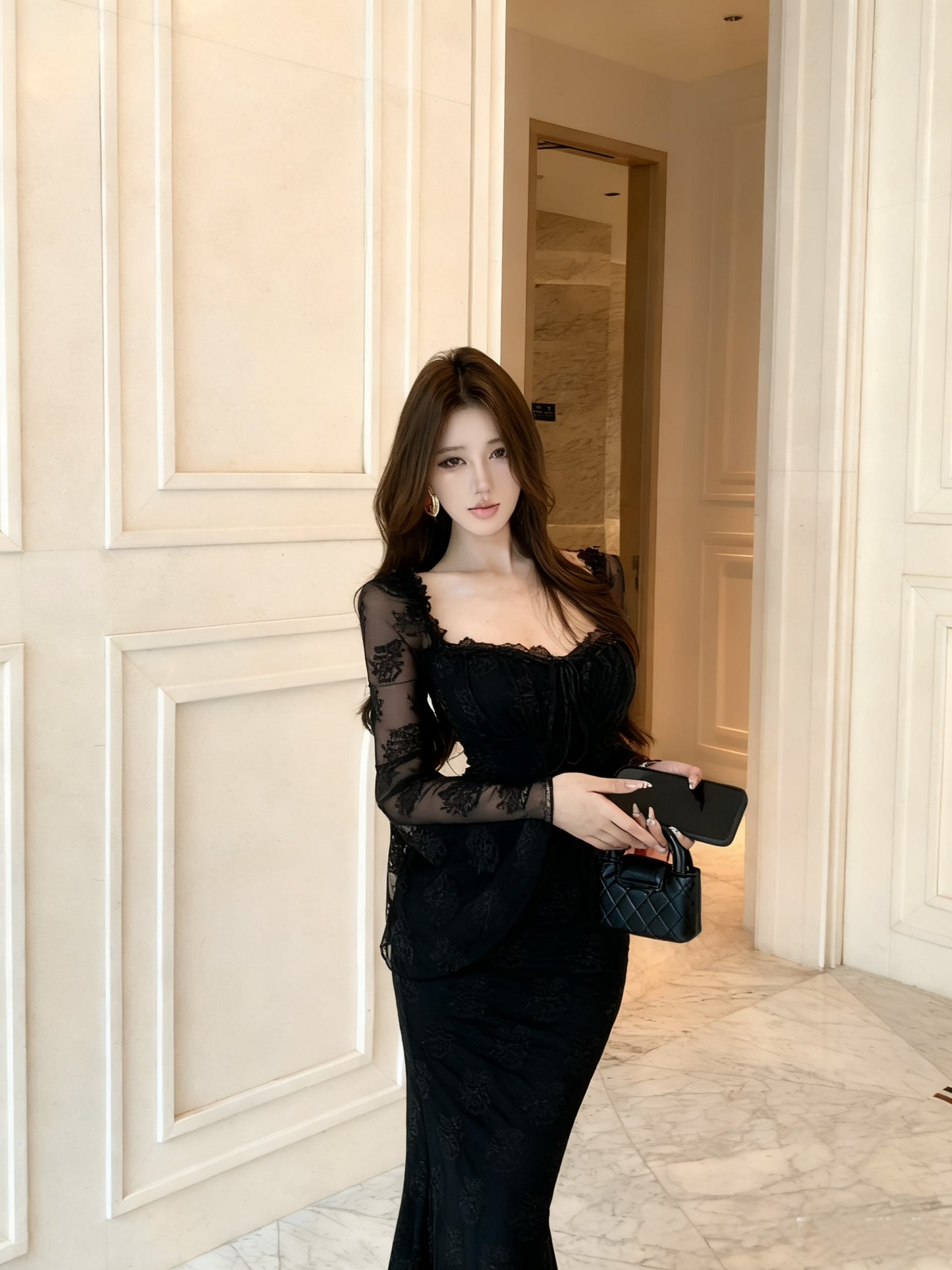 Fantastic Black Lace Long Bell Sleeve Maxi Dress French Style Square Neck Mermaid Evening Long Dress AP3824