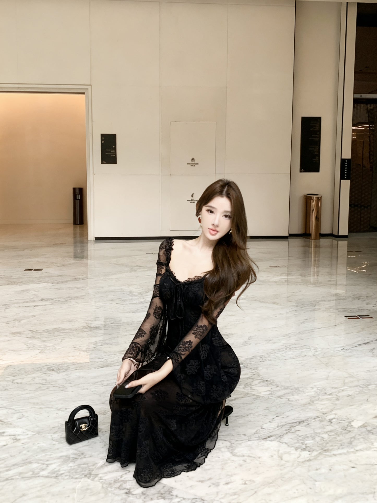 Fantastic Black Lace Long Bell Sleeve Maxi Dress French Style Square Neck Mermaid Evening Long Dress AP3824