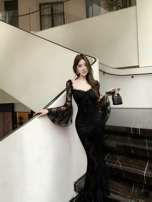 Fantastic Black Lace Long Bell Sleeve Maxi Dress French Style Square Neck Mermaid Evening Long Dress AP3824