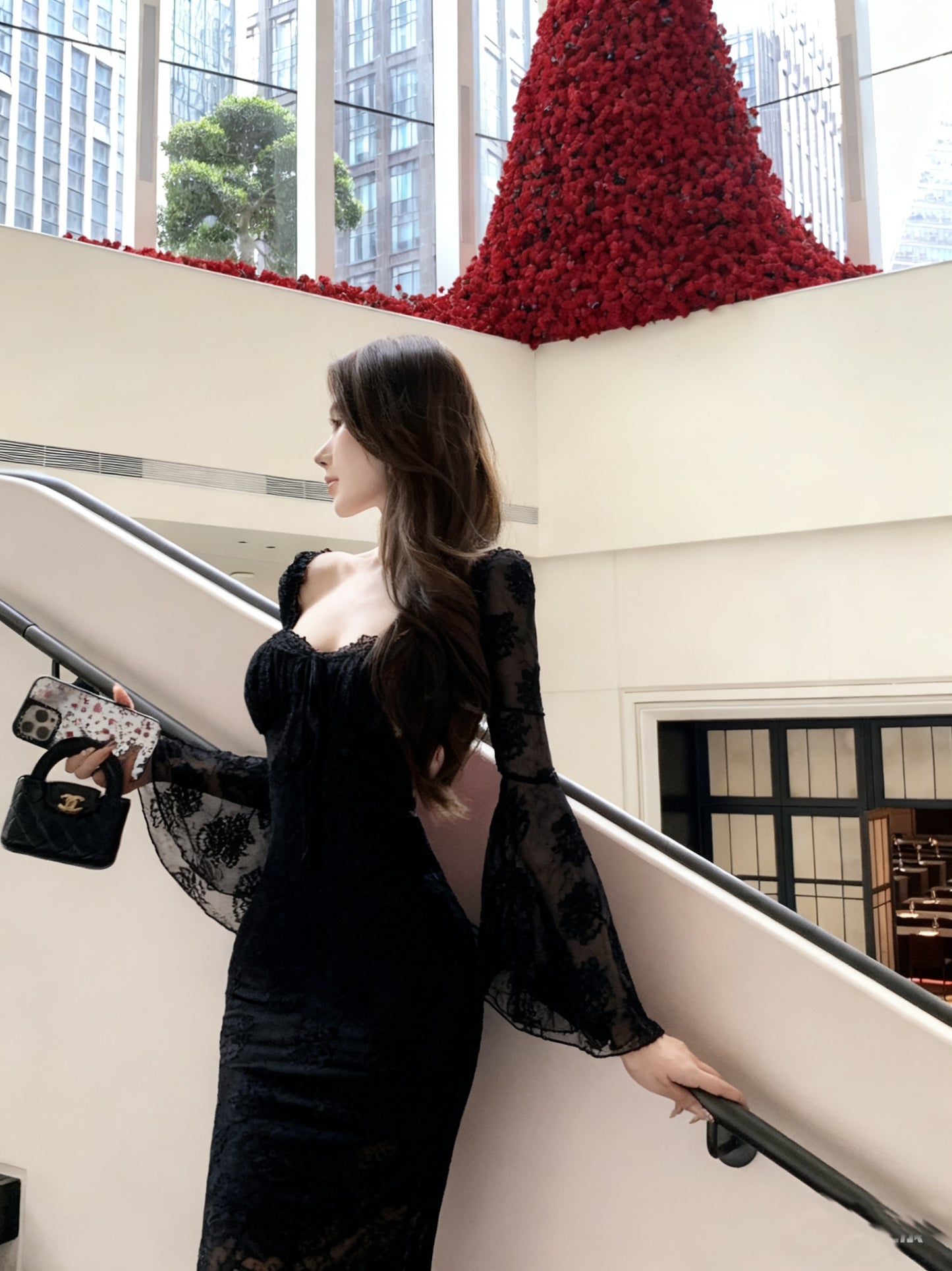 Fantastic Black Lace Long Bell Sleeve Maxi Dress French Style Square Neck Mermaid Evening Long Dress AP3824