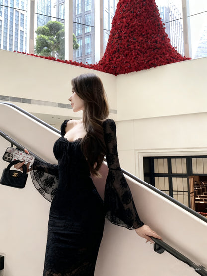 Fantastic Black Lace Long Bell Sleeve Maxi Dress French Style Square Neck Mermaid Evening Long Dress AP3824