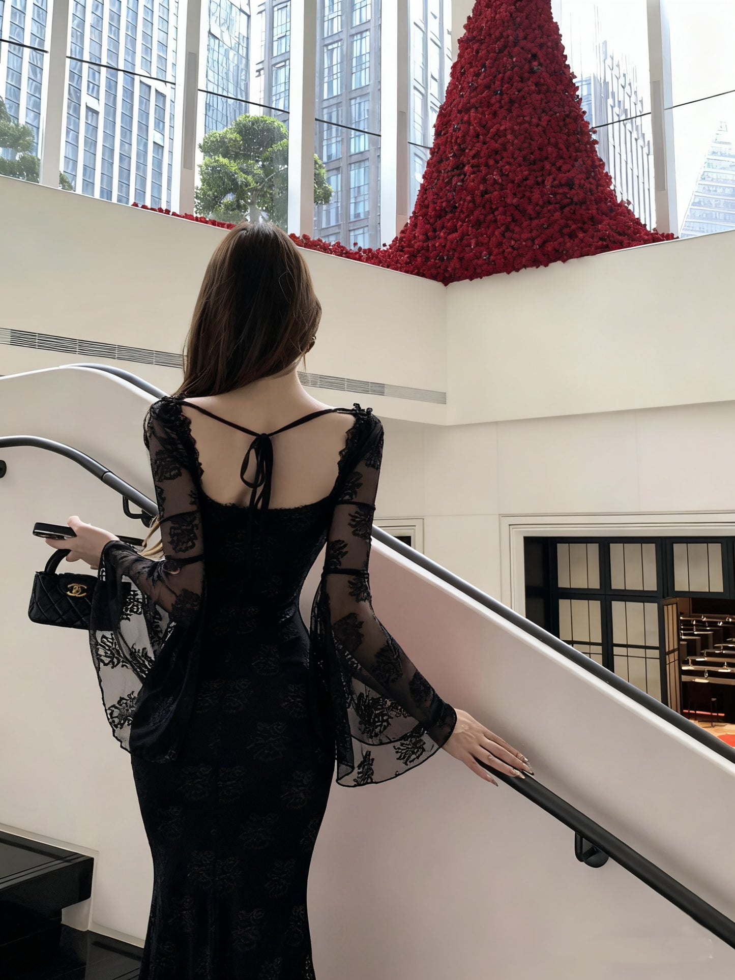 Fantastic Black Lace Long Bell Sleeve Maxi Dress French Style Square Neck Mermaid Evening Long Dress AP3824