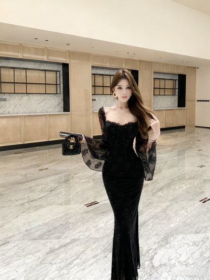 Fantastic Black Lace Long Bell Sleeve Maxi Dress French Style Square Neck Mermaid Evening Long Dress AP3824