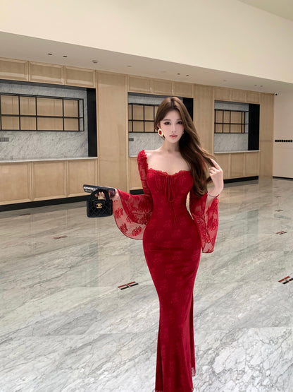 Sweet Square Neck Mermaid Maxi Dress Hottie Red Lace Long Bell Sleeve Evening Long Dress AP3825