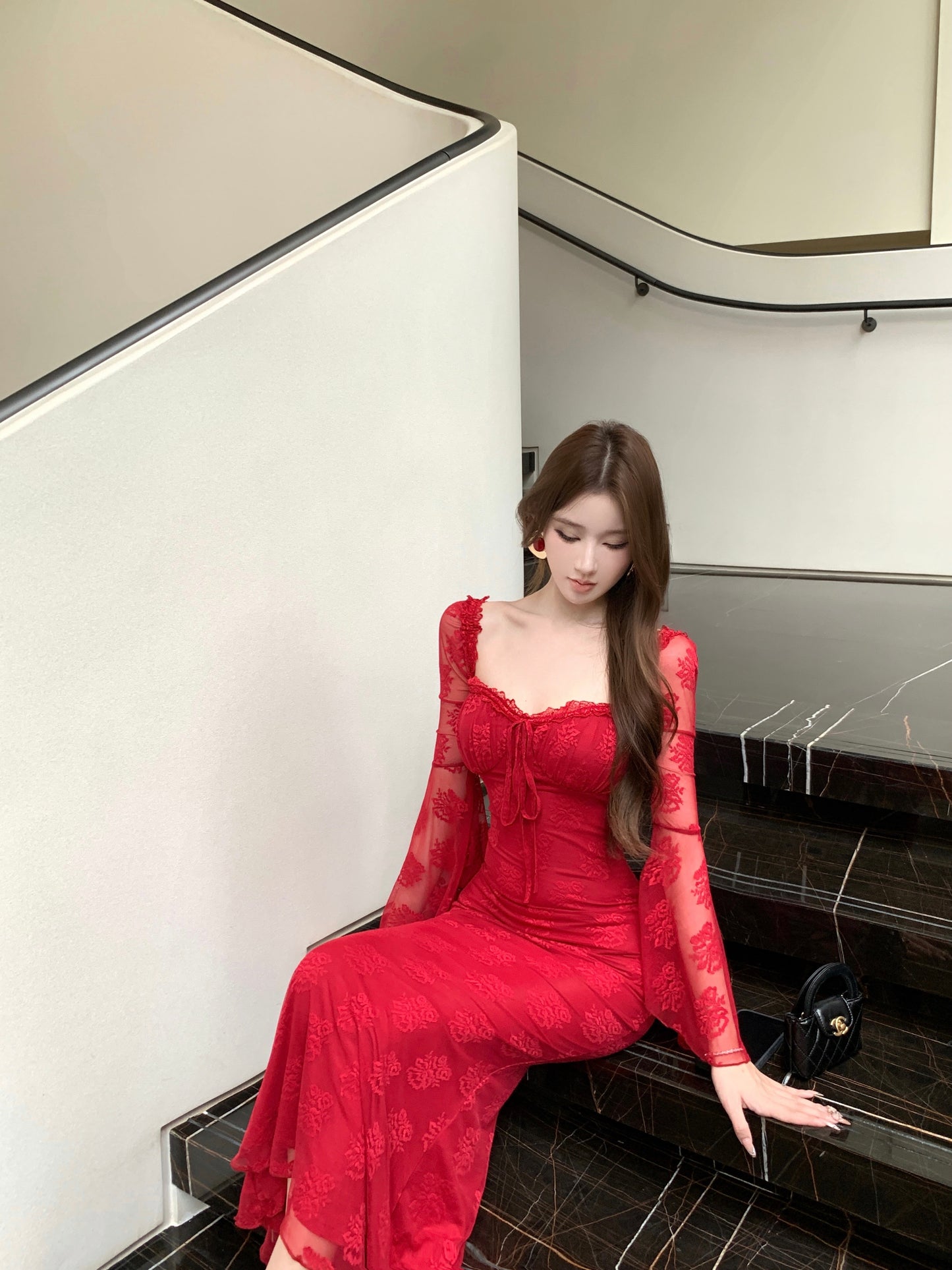 Sweet Square Neck Mermaid Maxi Dress Hottie Red Lace Long Bell Sleeve Evening Long Dress AP3825