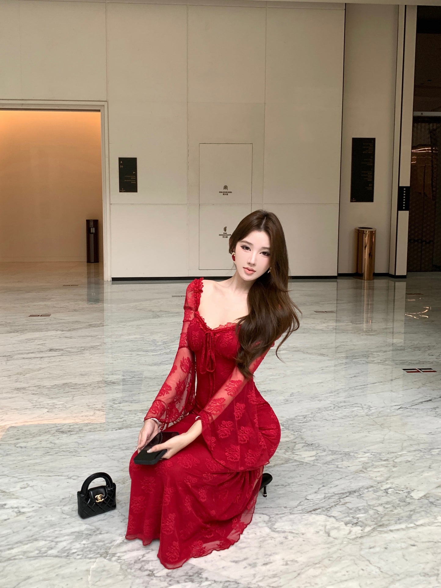 Sweet Square Neck Mermaid Maxi Dress Hottie Red Lace Long Bell Sleeve Evening Long Dress AP3825